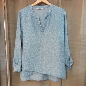 Soft Surroundings Chambray Flowy Layered Vneck Roll Tab Sleeve Blouse PXL